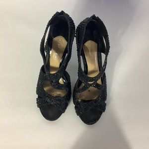 Giani Bini Sparkle Black Open Toe Zip Back Gladiator 4" Heel Booties GUC Sz. 10